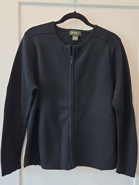 Eddie Bauer Black Zip-Front Ribbed-Detail Jacket